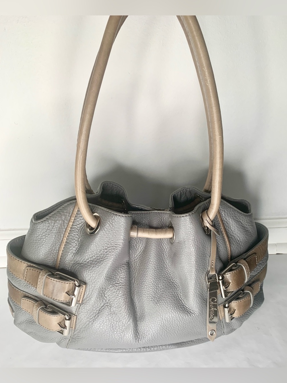 Gray Leather Cole Haan Shoulder Bag with Taupe Accents